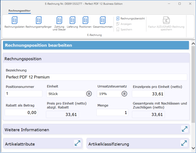 Positionsliste einer E-Rechnung