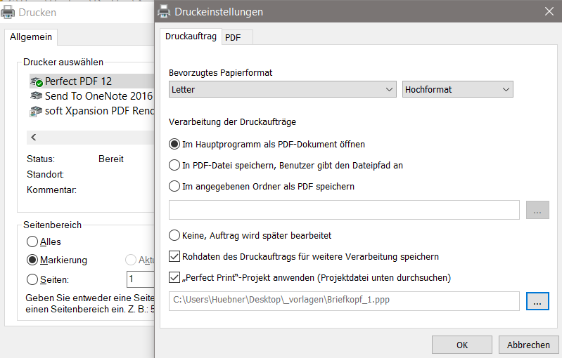 Vorlage über Standarddrucker