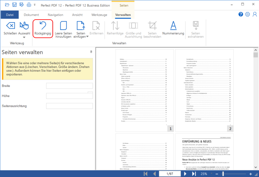 Löschen einer Seite rückgängig machen