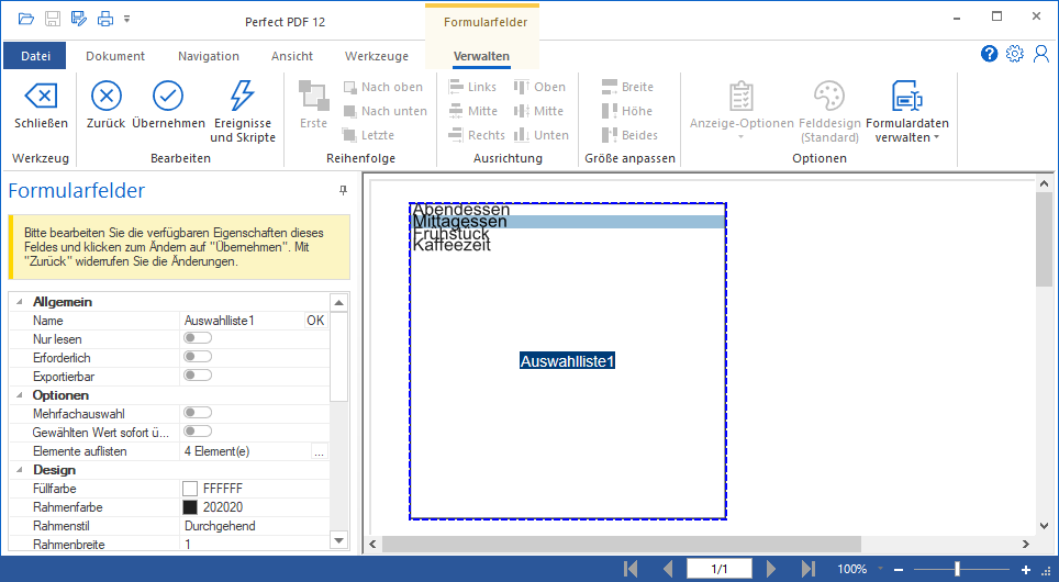 Formular Auswahlliste