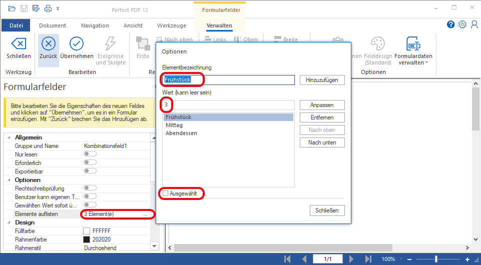 Formular Kombinationsfeld